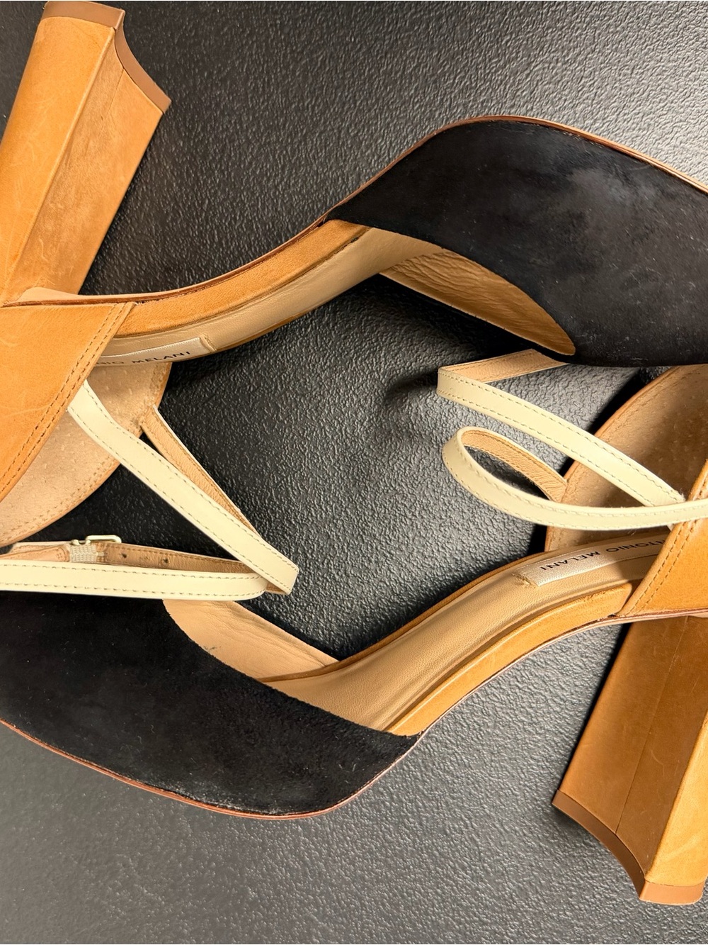 ANTONIO MELANI Black, Tan and Cream Block Heel Sandals. Pre-loved 3.75” heel